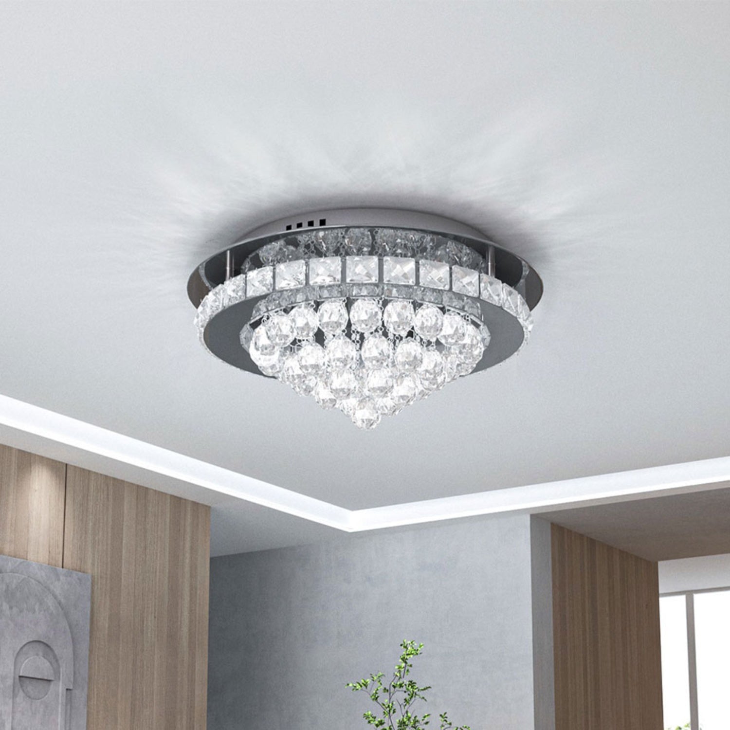 Round Crystal Droplet LED Semi Flush Ceiling Light