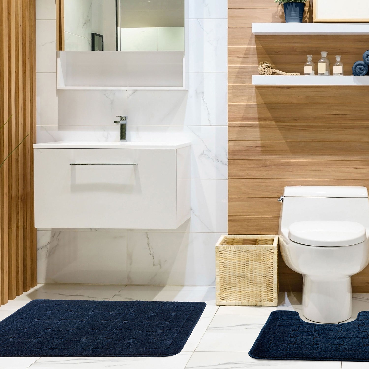 Orkney Navy Blue Crosshatch 2 Piece Bath Mat Set
