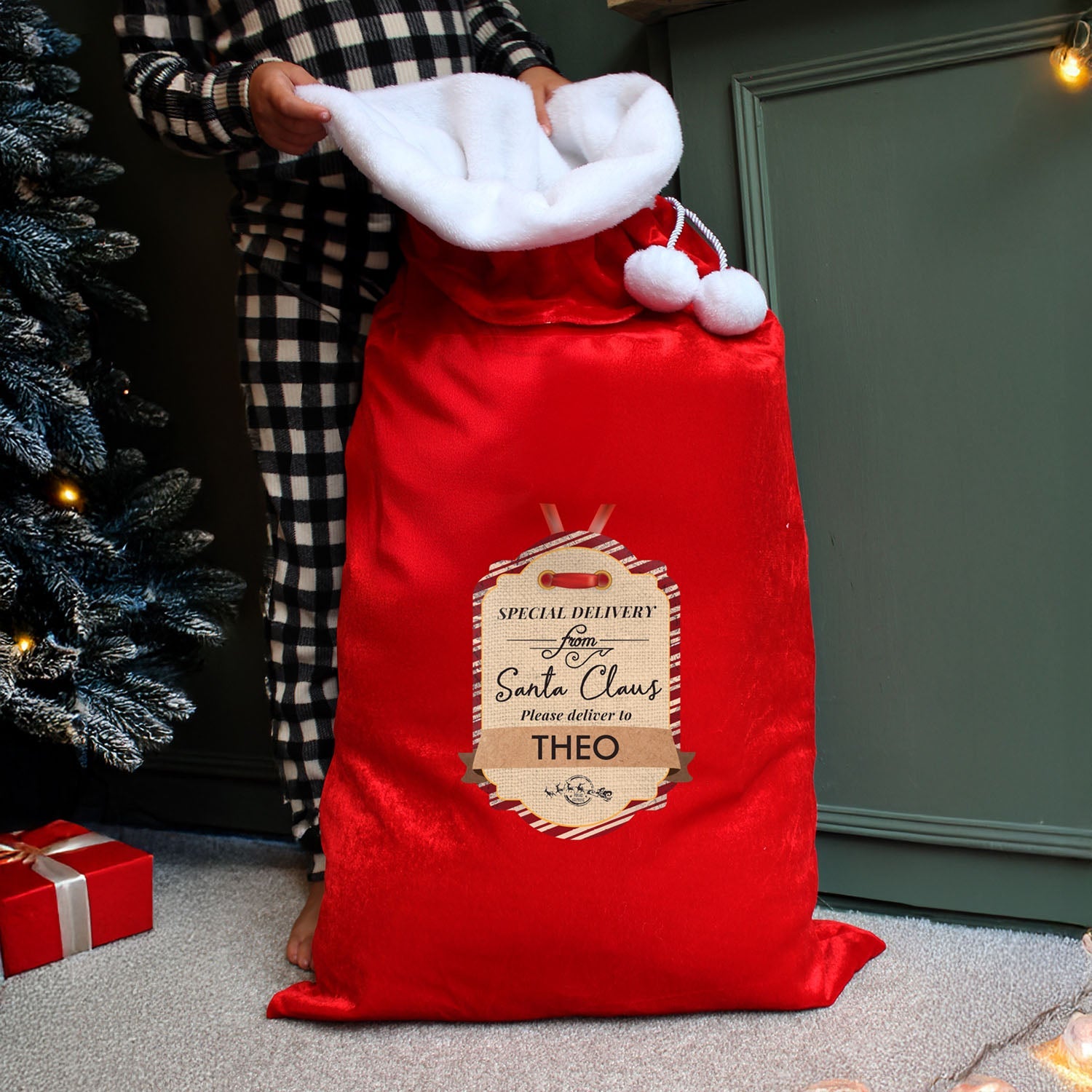 Personalised Special Delivery Pom Pom Red Santa Sack