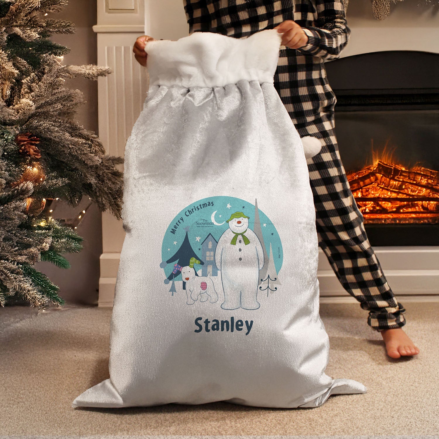 Personalised The Snowman and the Snowdog Silver Grey Pom Pom Santa Sack