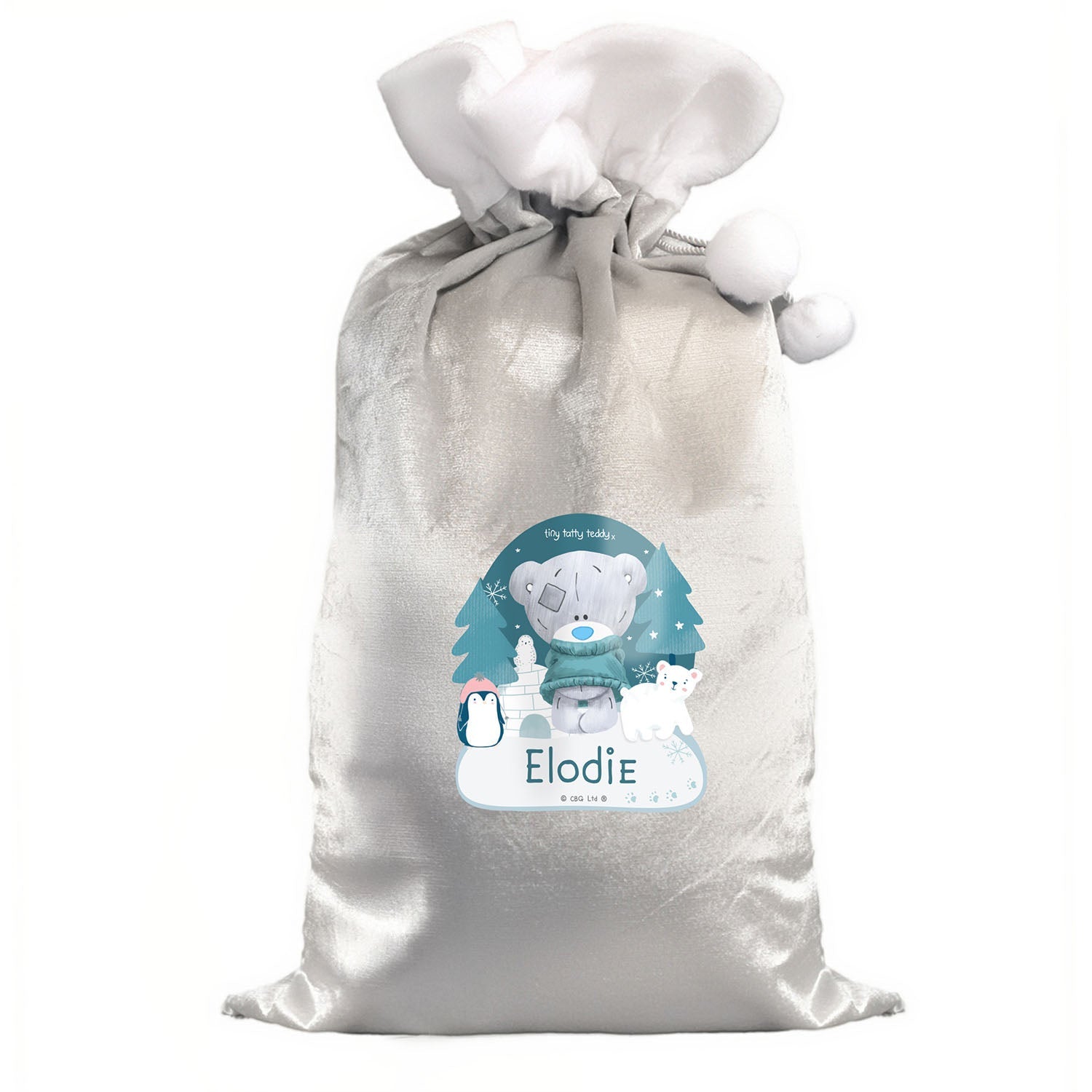 Personalised Tiny Tatty Teddy Silver Grey Pom Pom Santa Sack