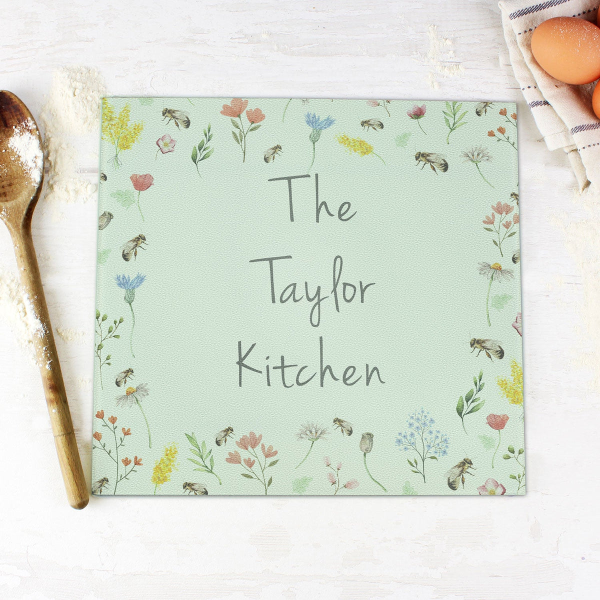 Personalised Flowers and Bees Glass Chopping Board