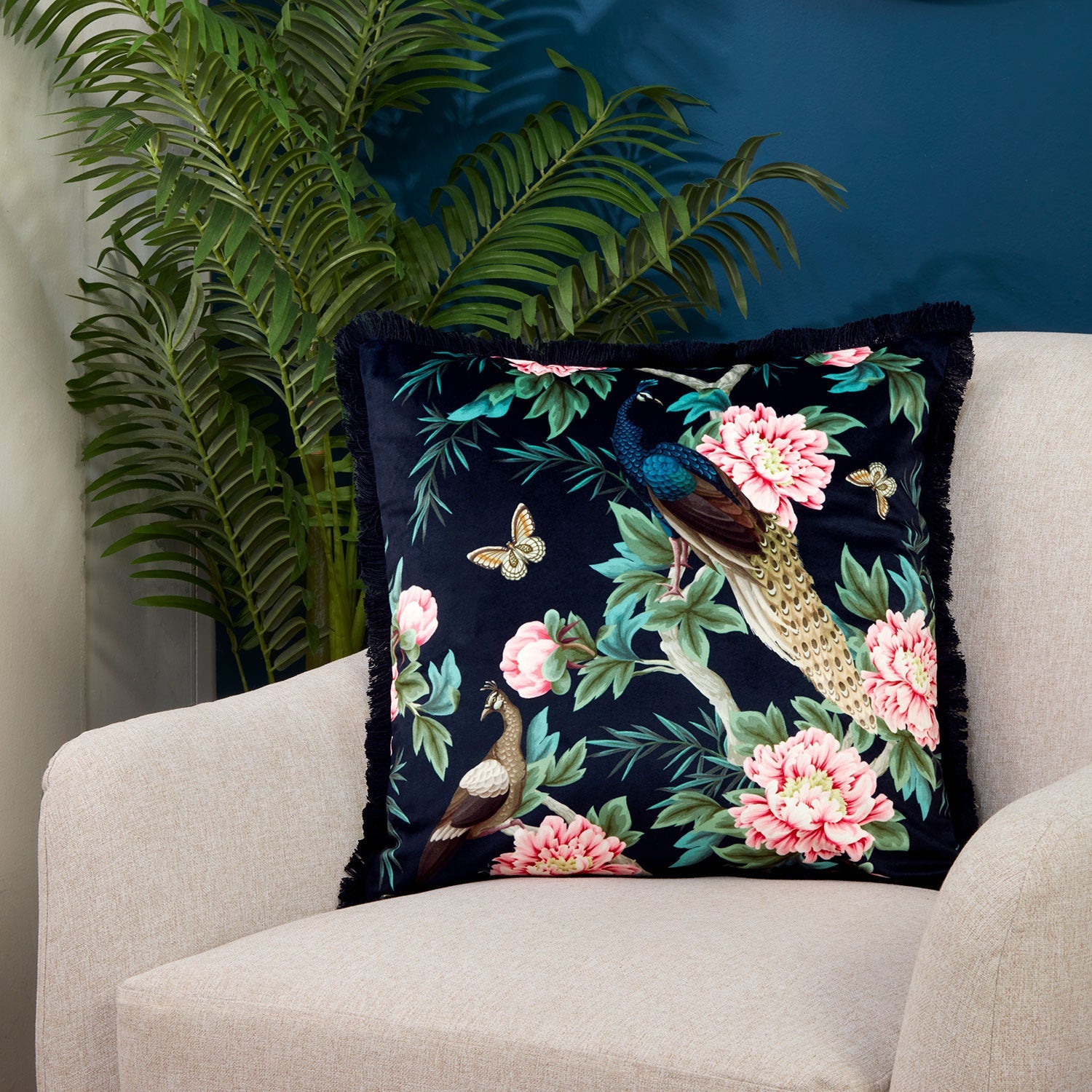Peacock Navy Frill Edge Velvet Cushion (43cm x 43cm)