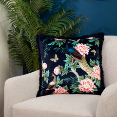 Peacock Navy Frill Edge Velvet Cushion (43cm x 43cm)