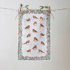 Robins and Berry Border White Tea Towel Cotton