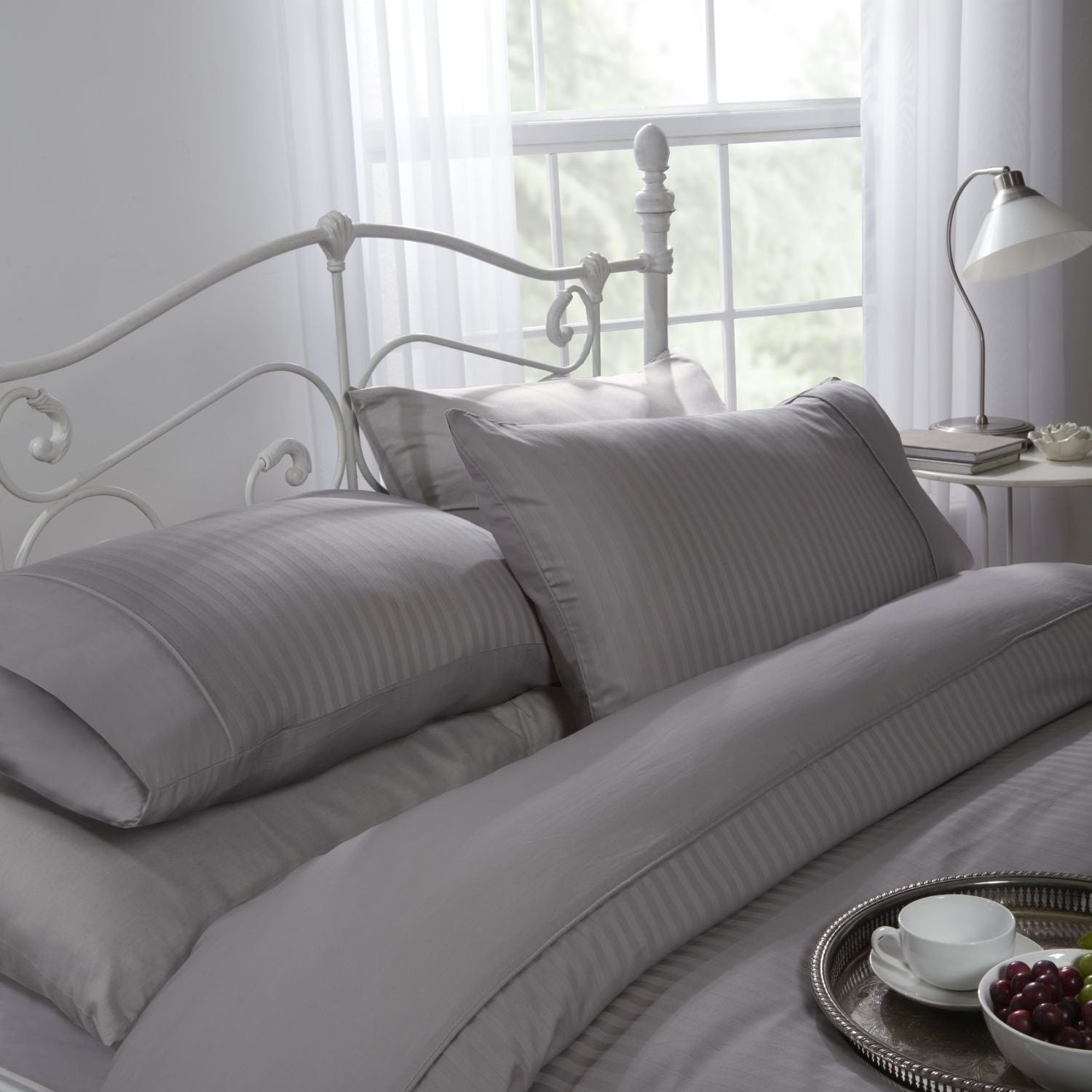 Silver Ritz 300 Thread Count 100% Cotton Satin Stripe Duvet Set