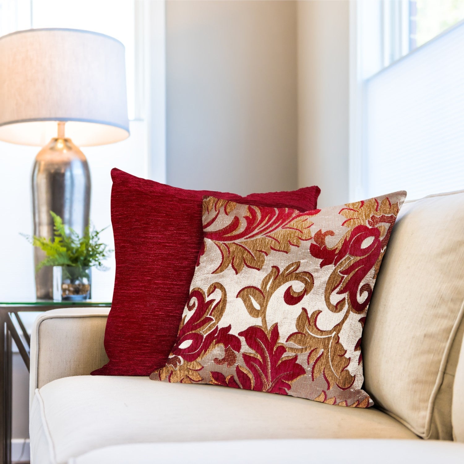 Rome Wine Damask Chenille Cushion Cover Pair