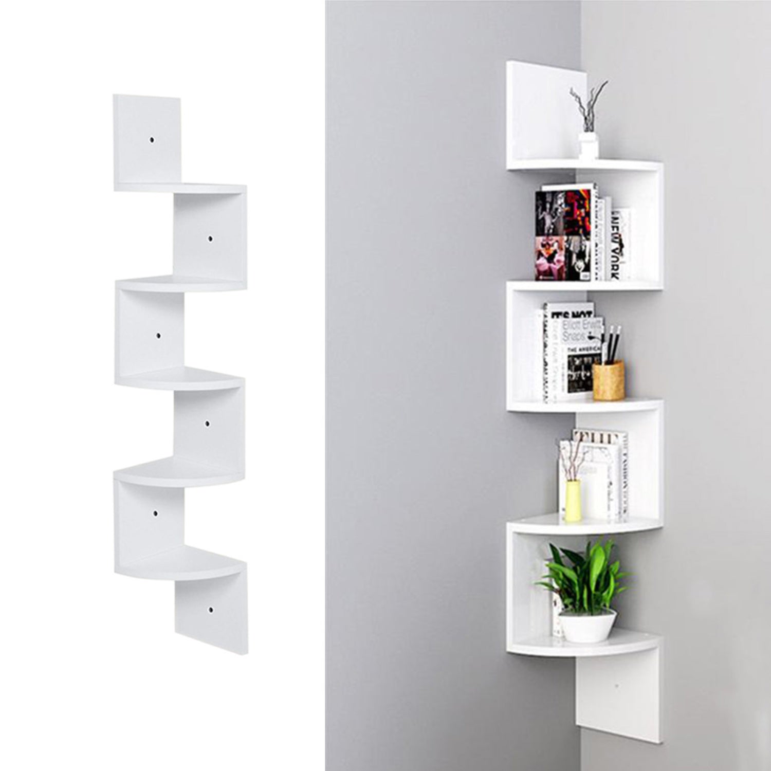 Wooden Zigzag Floating Corner Shelves 5-Tier White