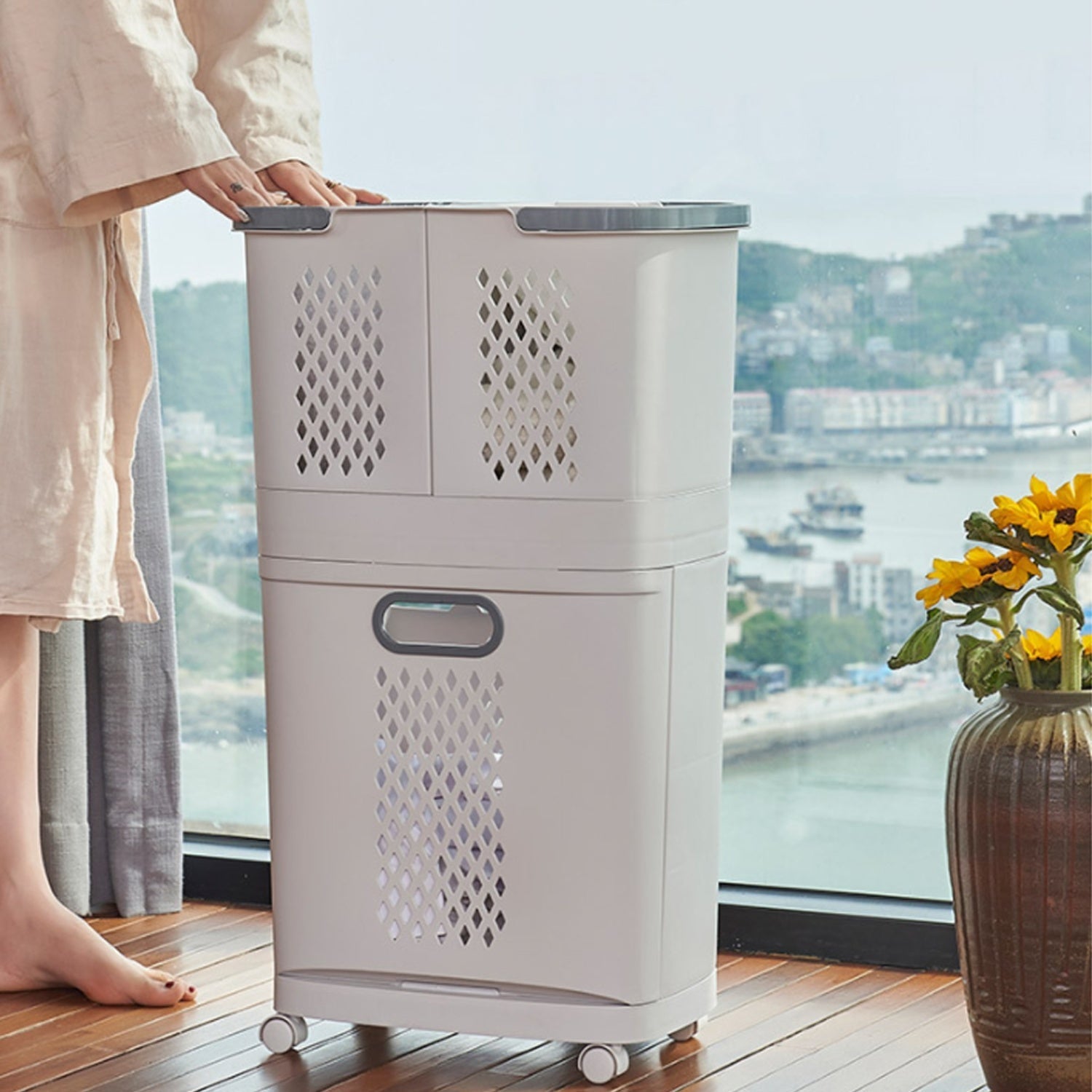 3-Compartment White Rolling Laundry Basket