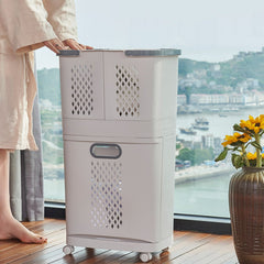 3-Compartment White Rolling Laundry Basket