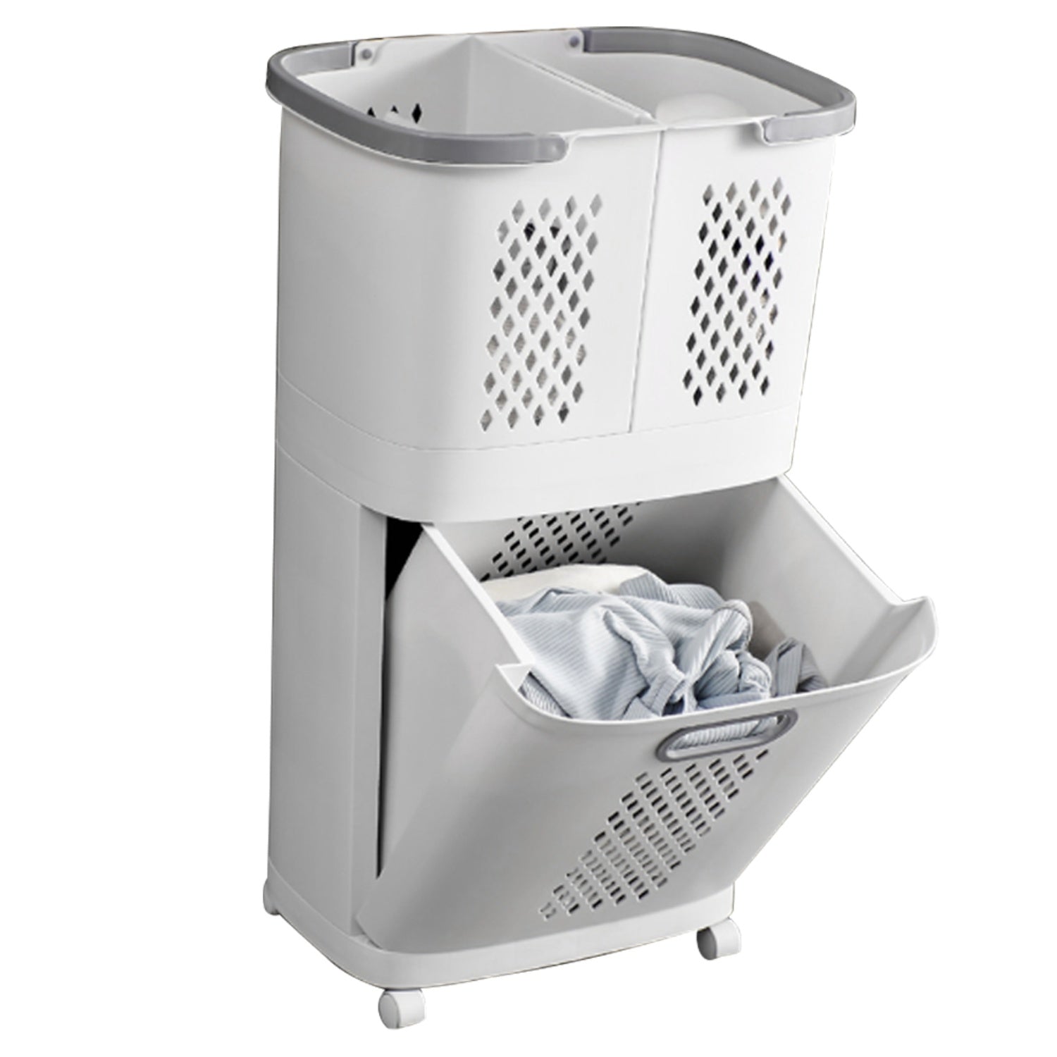 3-Compartment White Rolling Laundry Basket