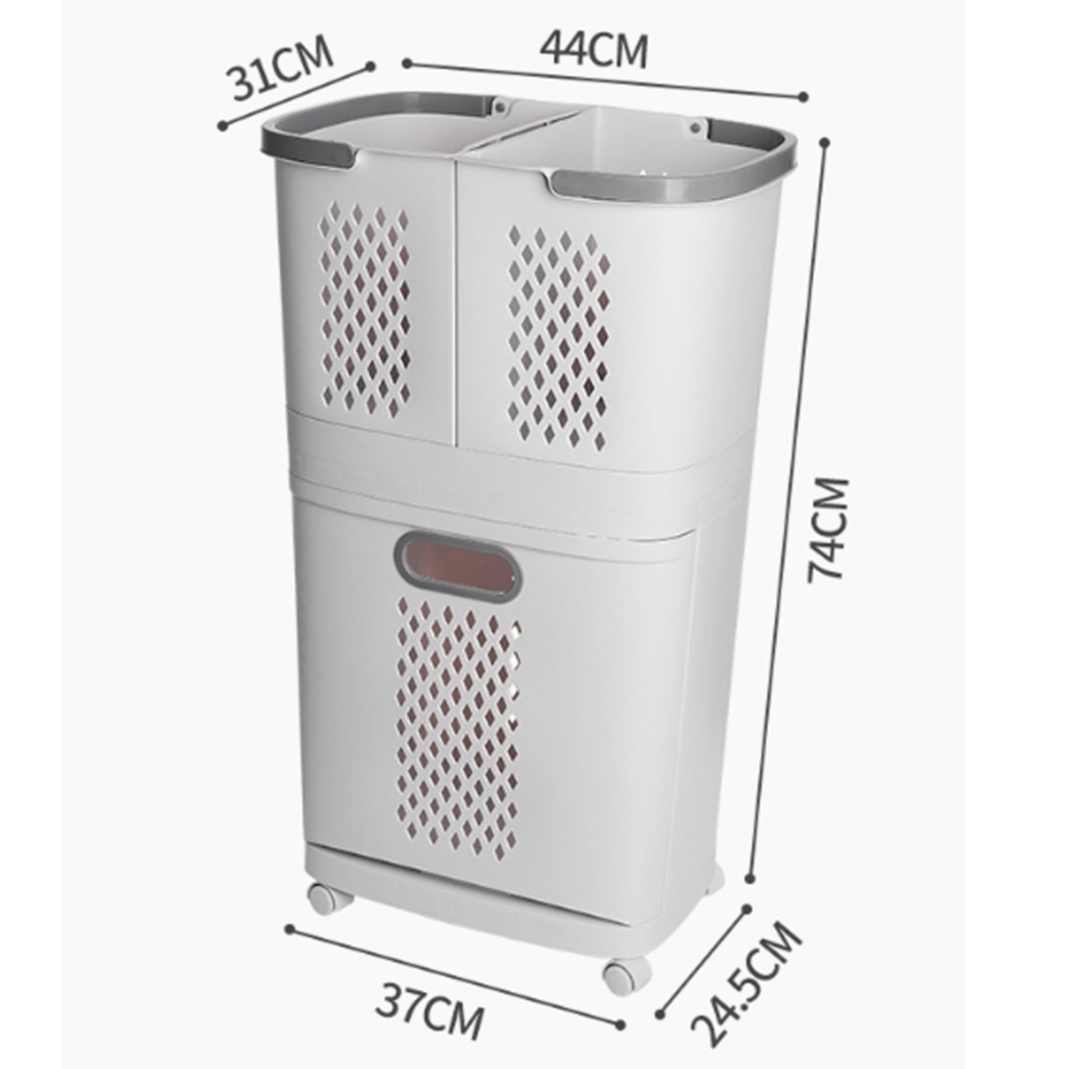 3-Compartment White Rolling Laundry Basket