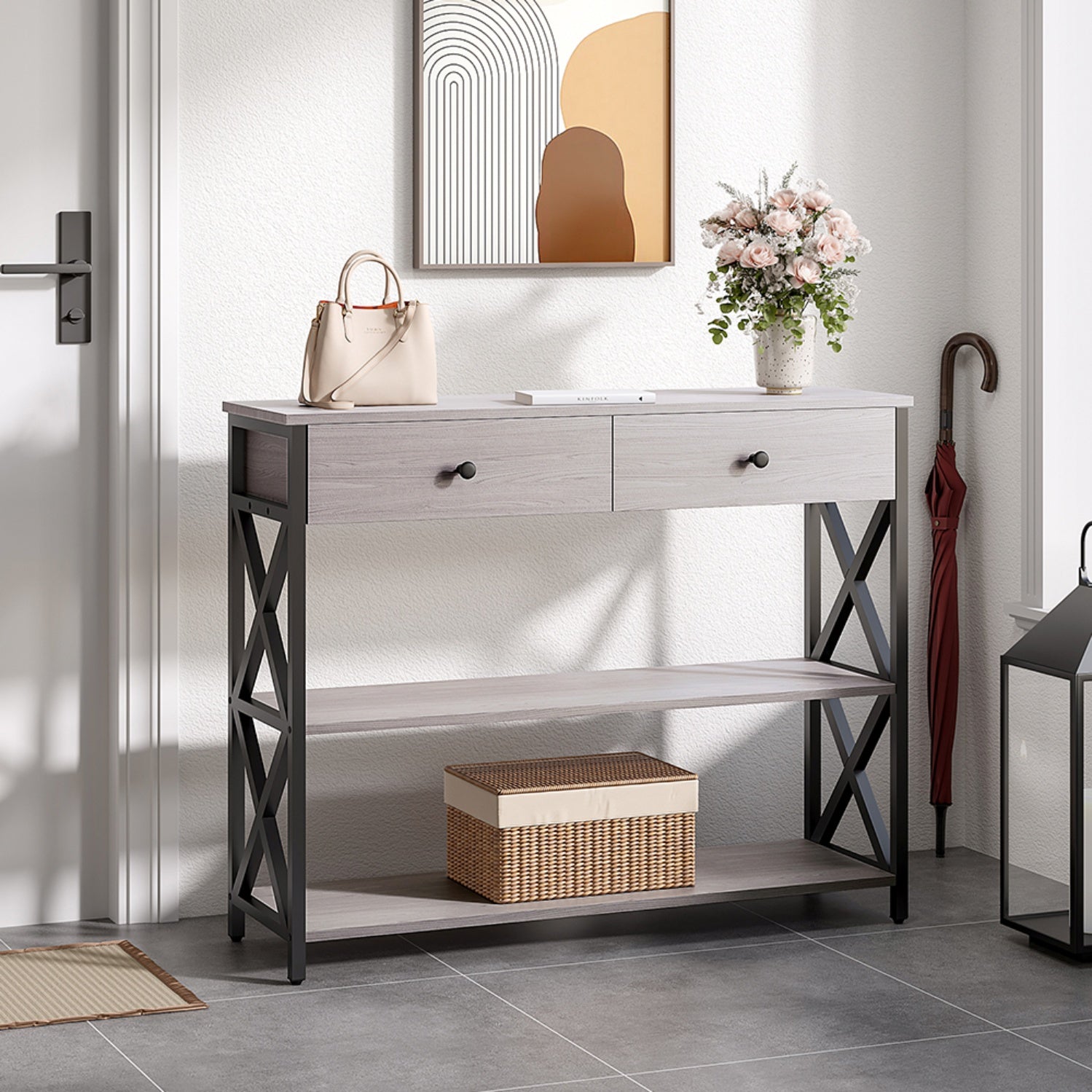Rustic Grey Console Table with 2 Drawers & Shelves