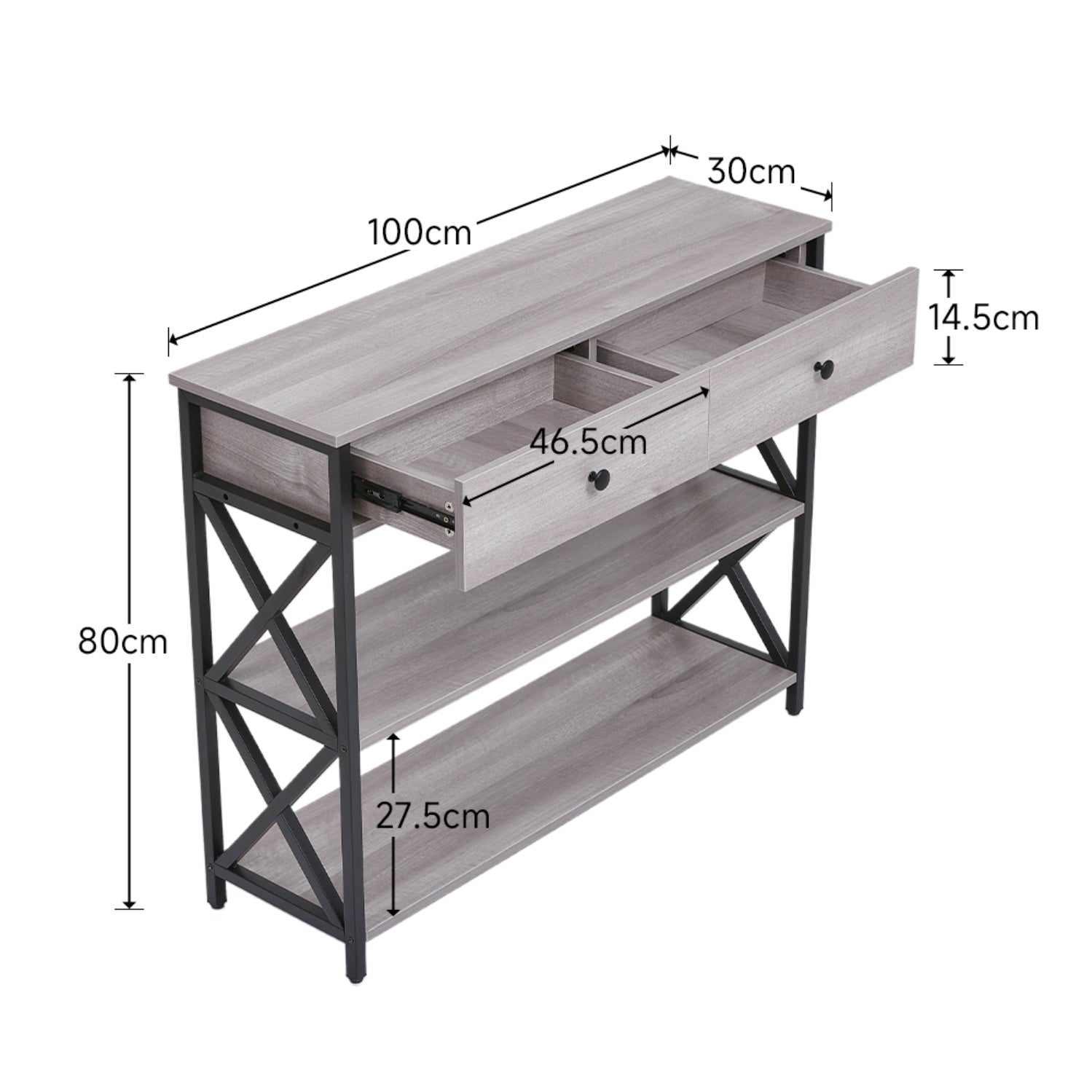 Rustic Grey Console Table with 2 Drawers & Shelves
