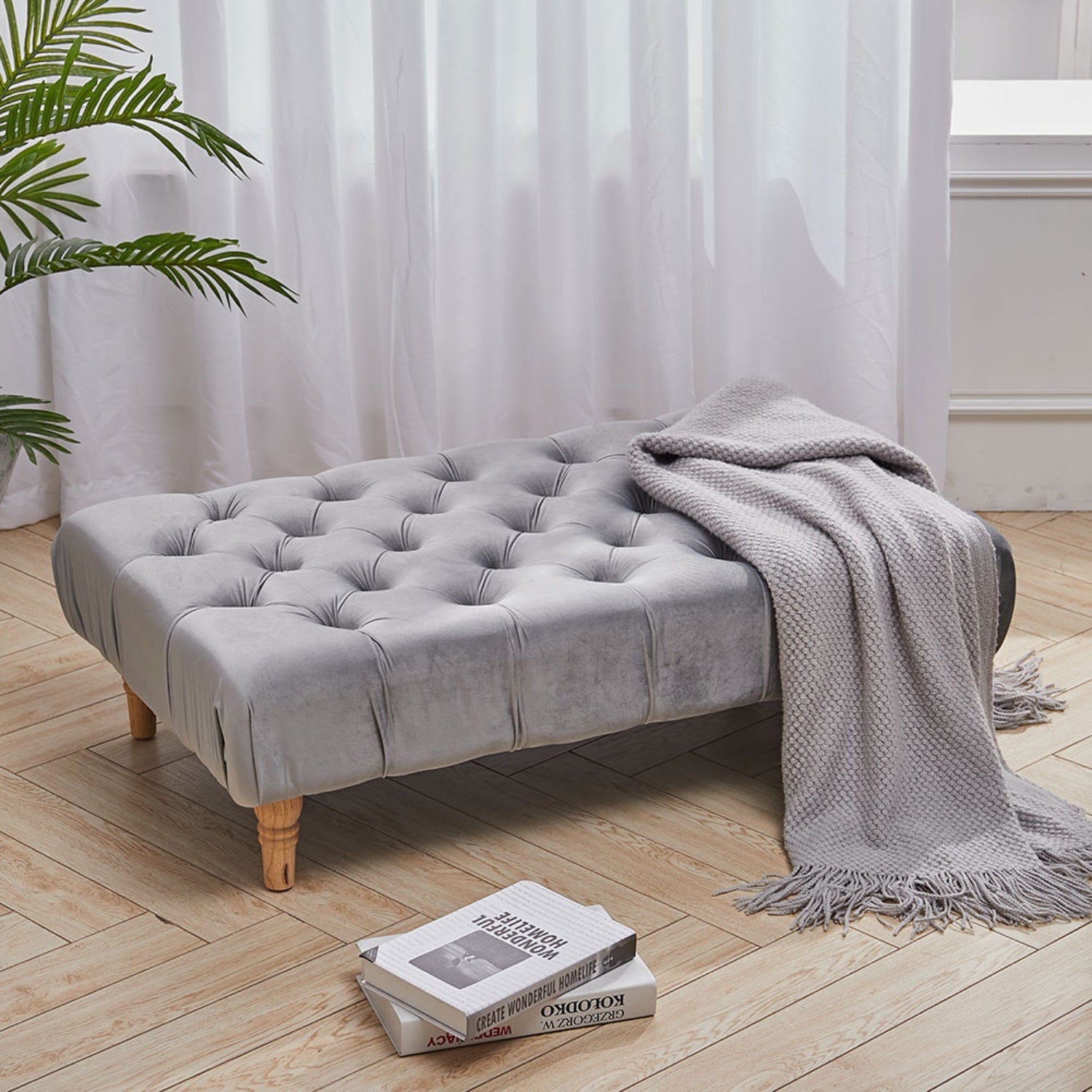 Velvet Buttoned Light Grey Rectangle Footstool