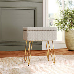Upholstered Storage Beige Ottoman Vanity Stool